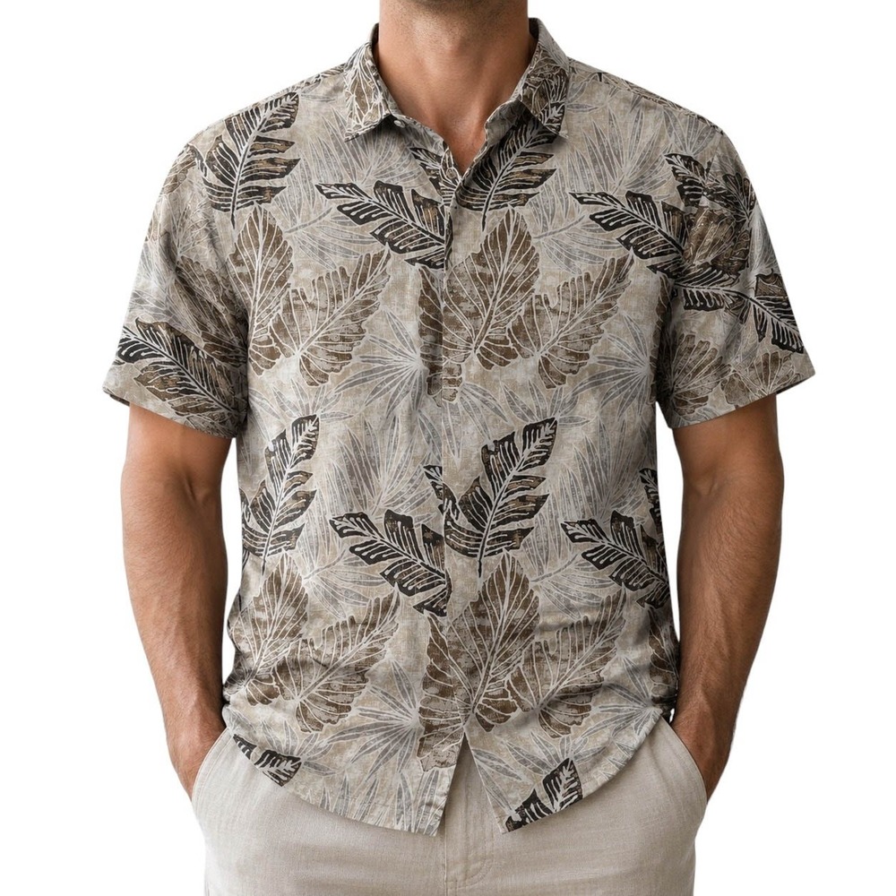 Island Shores Mens XXL Brown Tan Tropical Leaf Print Cotton Short Sleeve Shirt
